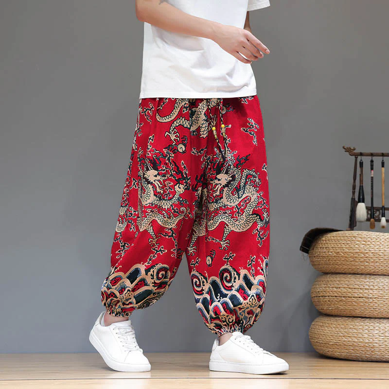 Pantaloni harem da uomo in cotone e lino con coulisse, motivo Buddha Stones Summer Dragon e tasche - Image 8