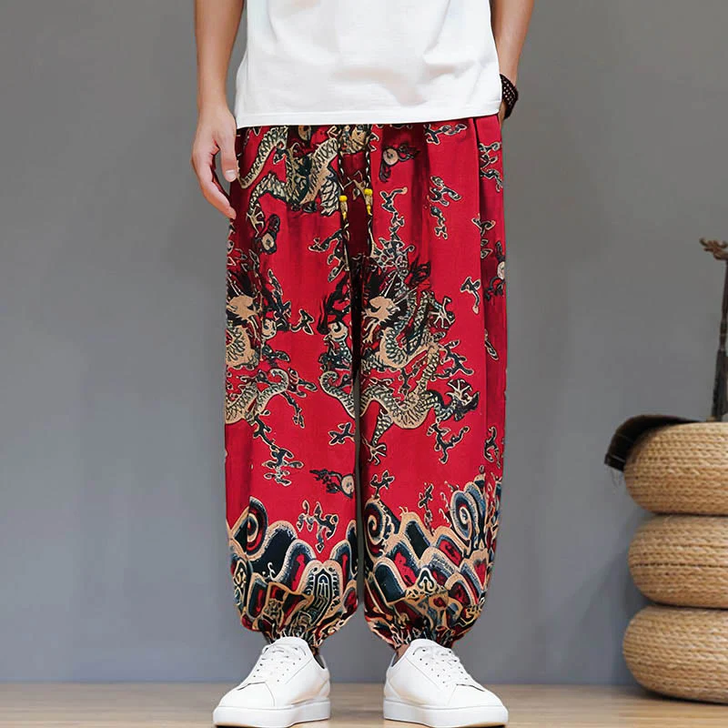 Pantaloni harem da uomo in cotone e lino con coulisse, motivo Buddha Stones Summer Dragon e tasche - Image 9