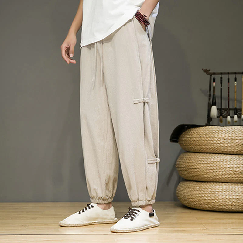 Pantaloni harem da uomo in cotone e lino con tasche, modello Buddha Stones, vintage, con coulisse e bottoni cinesi a forma di rana.