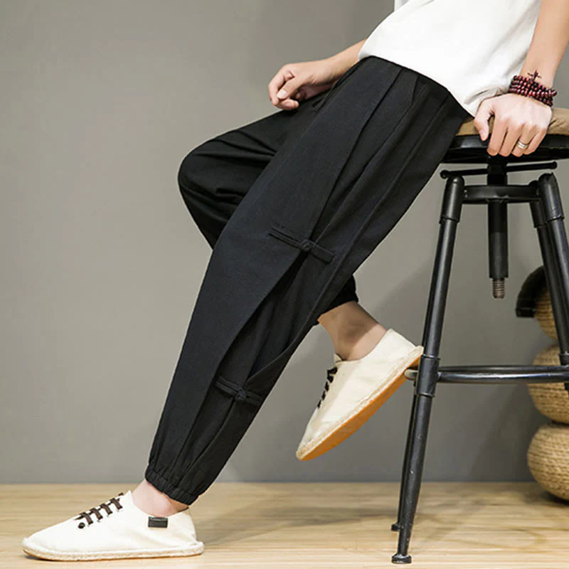 Pantaloni harem da uomo in cotone e lino con tasche, modello Buddha Stones, vintage, con coulisse e bottoni cinesi a forma di rana. - Image 10