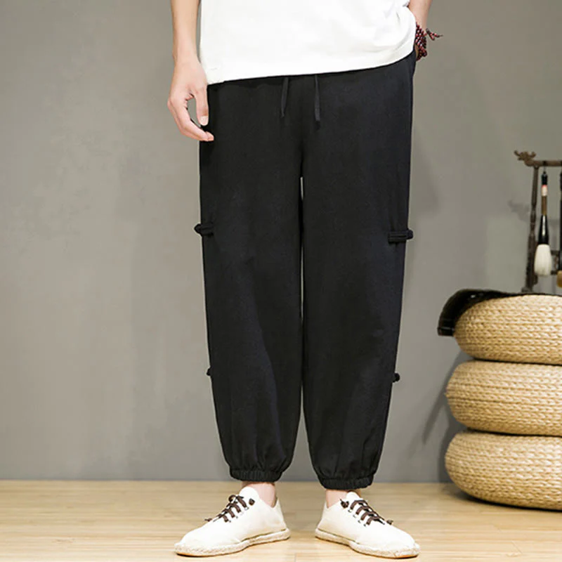 Pantaloni harem da uomo in cotone e lino con tasche, modello Buddha Stones, vintage, con coulisse e bottoni cinesi a forma di rana. - Image 11