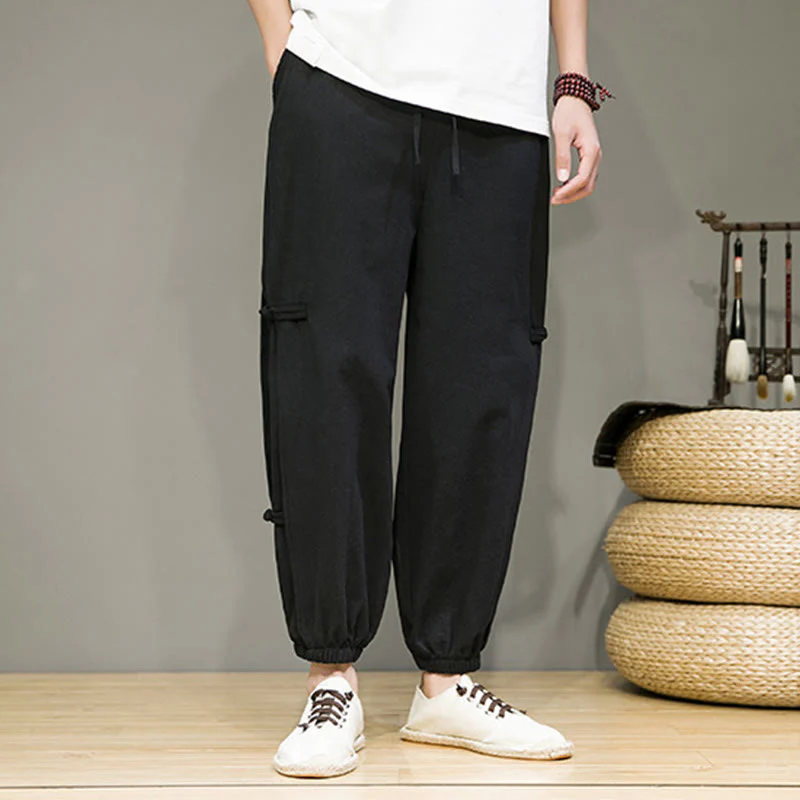 Pantaloni harem da uomo in cotone e lino con tasche, modello Buddha Stones, vintage, con coulisse e bottoni cinesi a forma di rana. - Image 12