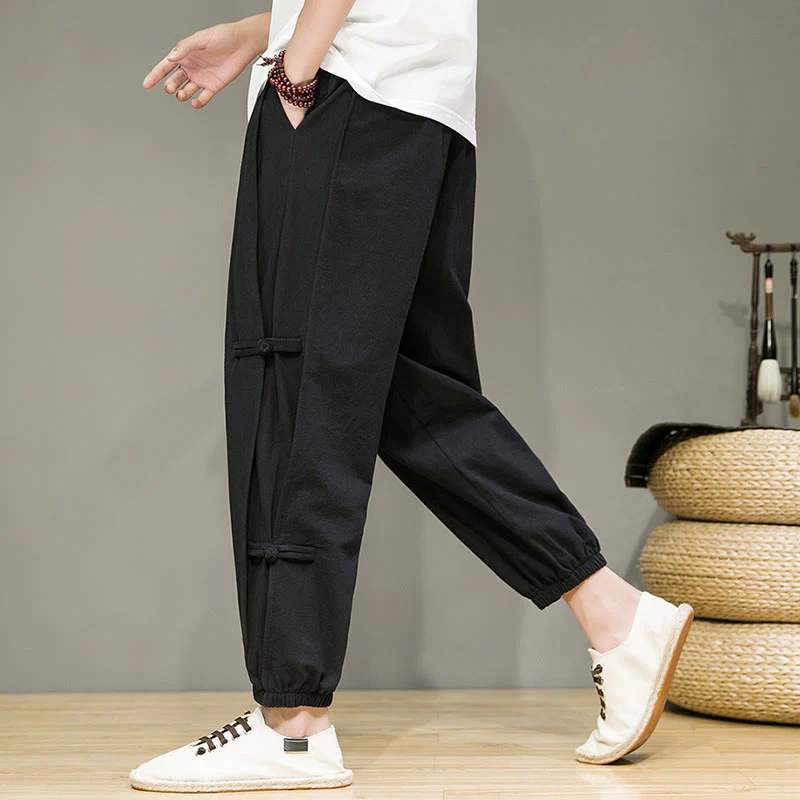 Pantaloni harem da uomo in cotone e lino con tasche, modello Buddha Stones, vintage, con coulisse e bottoni cinesi a forma di rana. - Image 13