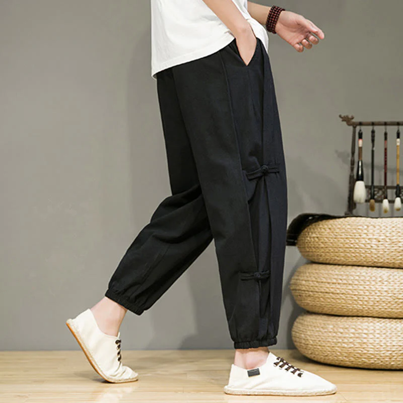 Pantaloni harem da uomo in cotone e lino con tasche, modello Buddha Stones, vintage, con coulisse e bottoni cinesi a forma di rana. - Image 14