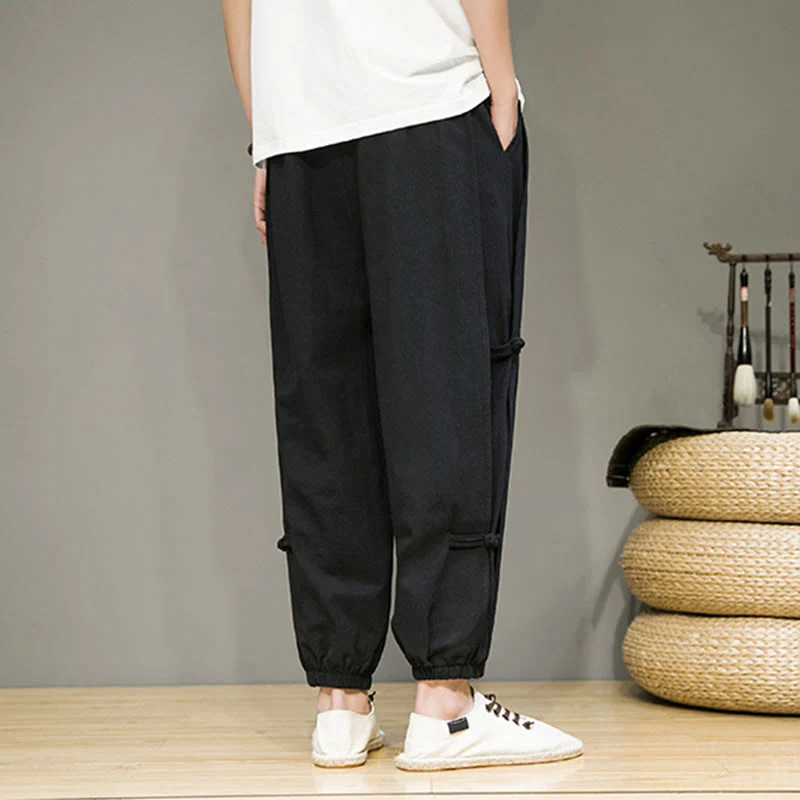 Pantaloni harem da uomo in cotone e lino con tasche, modello Buddha Stones, vintage, con coulisse e bottoni cinesi a forma di rana. - Image 15