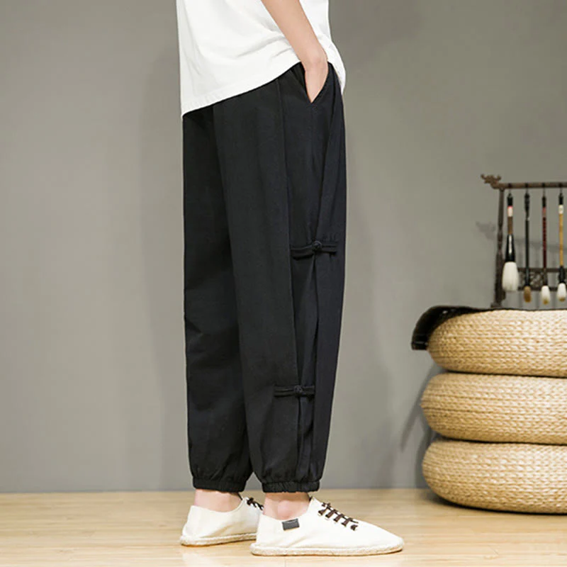 Pantaloni harem da uomo in cotone e lino con tasche, modello Buddha Stones, vintage, con coulisse e bottoni cinesi a forma di rana. - Image 16