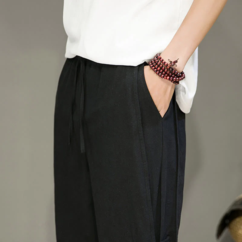 Pantaloni harem da uomo in cotone e lino con tasche, modello Buddha Stones, vintage, con coulisse e bottoni cinesi a forma di rana. - Image 17