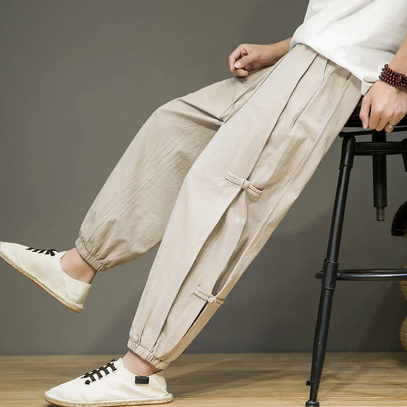 Pantaloni harem da uomo in cotone e lino con tasche, modello Buddha Stones, vintage, con coulisse e bottoni cinesi a forma di rana. - Image 2