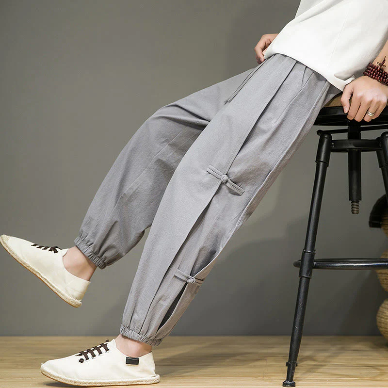 Pantaloni harem da uomo in cotone e lino con tasche, modello Buddha Stones, vintage, con coulisse e bottoni cinesi a forma di rana. - Image 20