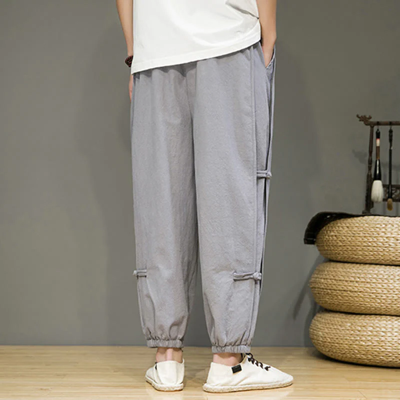 Pantaloni harem da uomo in cotone e lino con tasche, modello Buddha Stones, vintage, con coulisse e bottoni cinesi a forma di rana. - Image 22