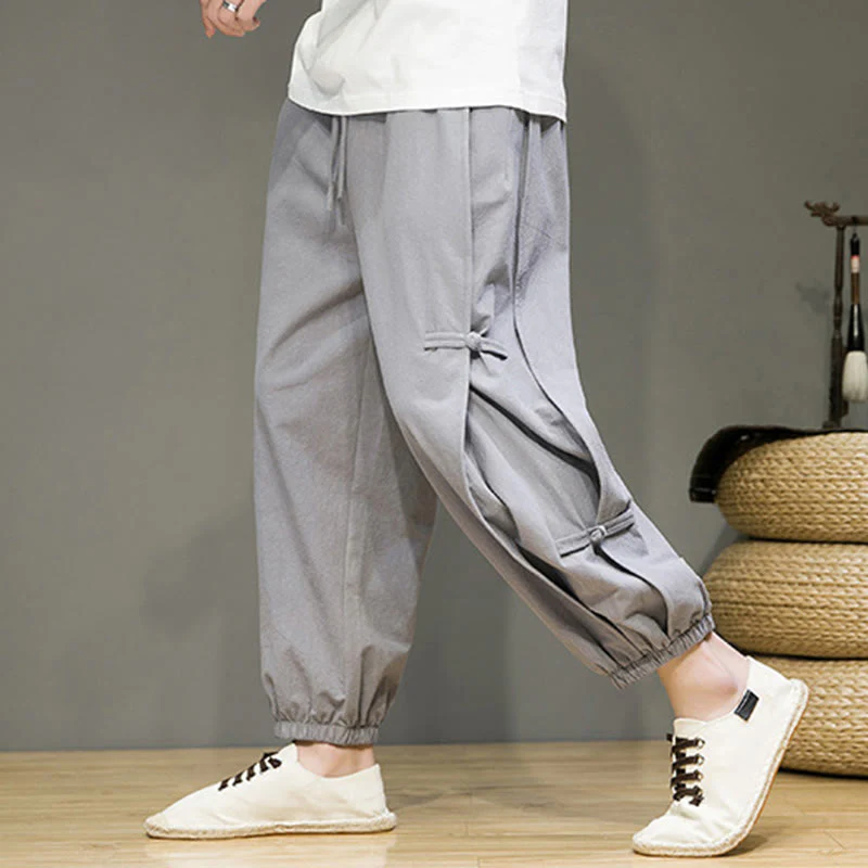 Pantaloni harem da uomo in cotone e lino con tasche, modello Buddha Stones, vintage, con coulisse e bottoni cinesi a forma di rana. - Image 23