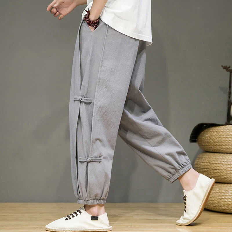 Pantaloni harem da uomo in cotone e lino con tasche, modello Buddha Stones, vintage, con coulisse e bottoni cinesi a forma di rana. - Image 24