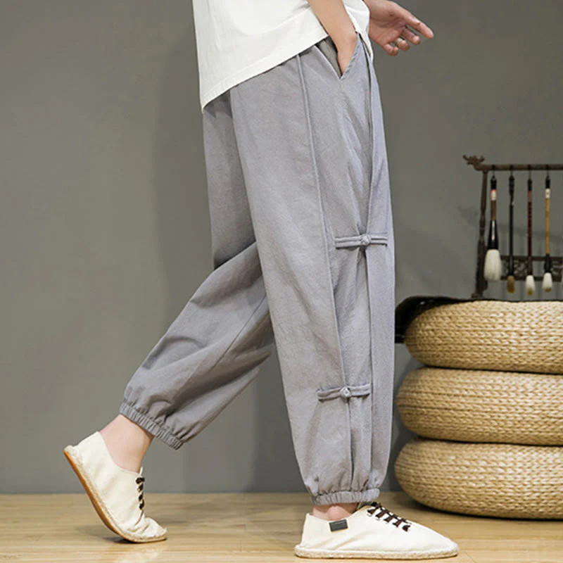 Pantaloni harem da uomo in cotone e lino con tasche, modello Buddha Stones, vintage, con coulisse e bottoni cinesi a forma di rana. - Image 25