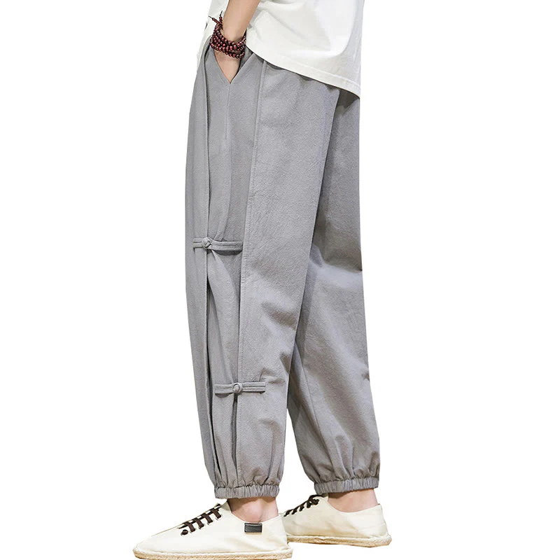 Pantaloni harem da uomo in cotone e lino con tasche, modello Buddha Stones, vintage, con coulisse e bottoni cinesi a forma di rana. - Image 28
