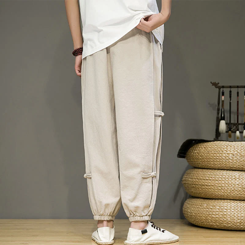 Pantaloni harem da uomo in cotone e lino con tasche, modello Buddha Stones, vintage, con coulisse e bottoni cinesi a forma di rana. - Image 3