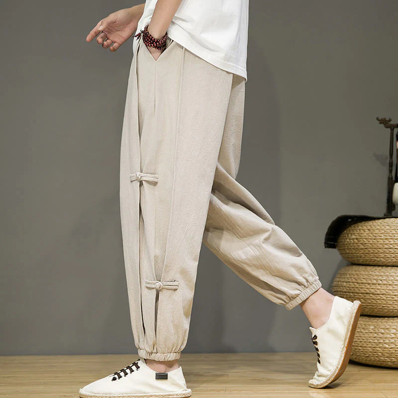 Pantaloni harem da uomo in cotone e lino con tasche, modello Buddha Stones, vintage, con coulisse e bottoni cinesi a forma di rana. - Image 4