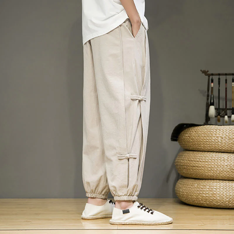Pantaloni harem da uomo in cotone e lino con tasche, modello Buddha Stones, vintage, con coulisse e bottoni cinesi a forma di rana. - Image 5