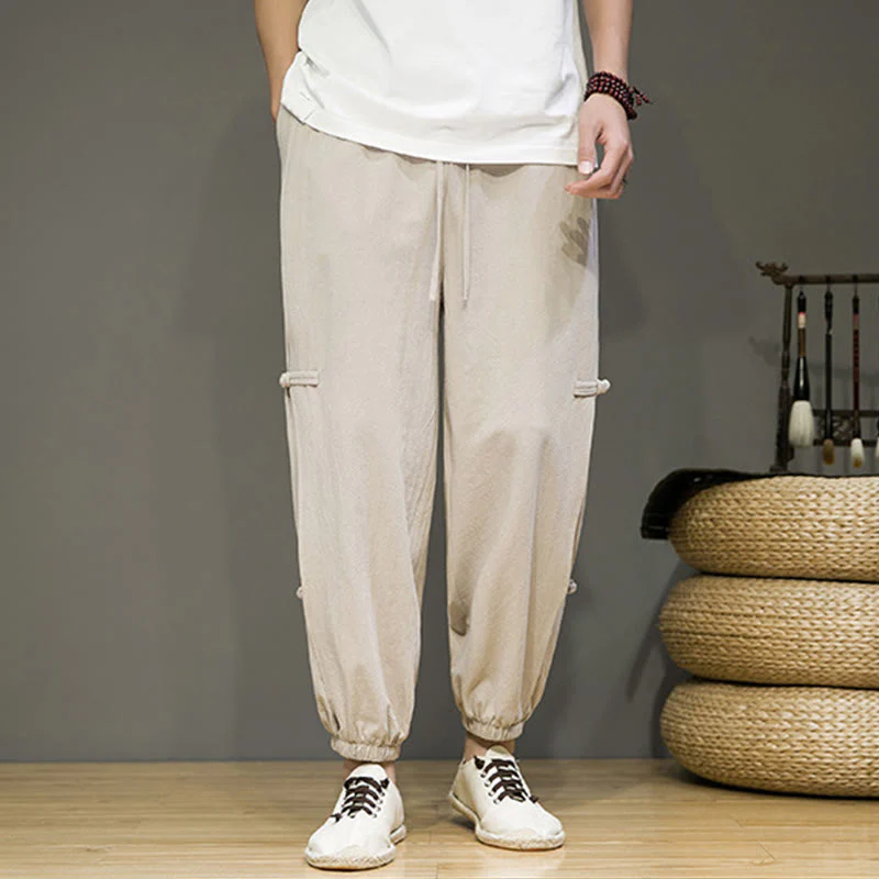 Pantaloni harem da uomo in cotone e lino con tasche, modello Buddha Stones, vintage, con coulisse e bottoni cinesi a forma di rana. - Image 6