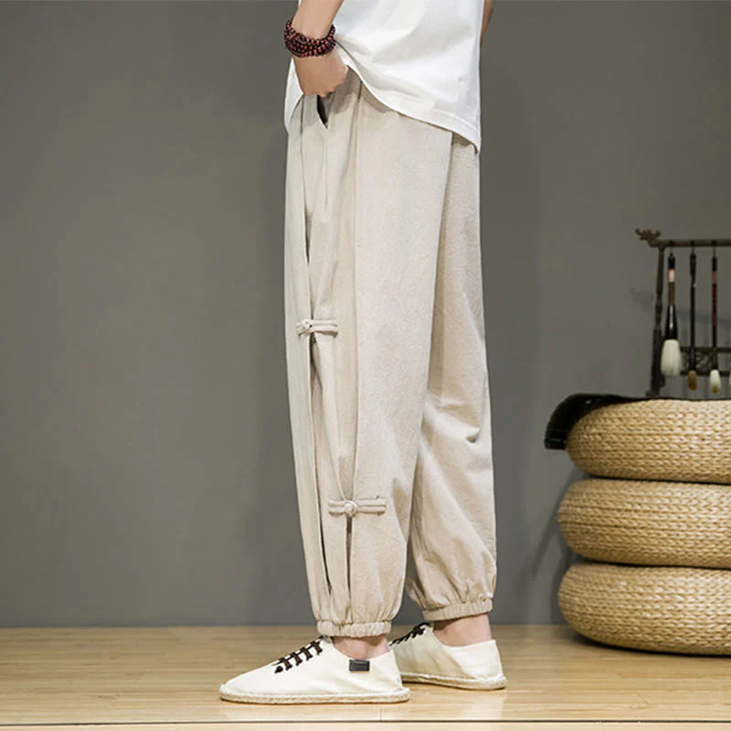 Pantaloni harem da uomo in cotone e lino con tasche, modello Buddha Stones, vintage, con coulisse e bottoni cinesi a forma di rana. - Image 7