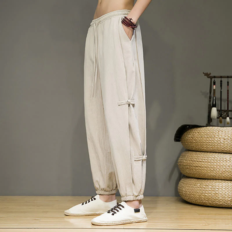 Pantaloni harem da uomo in cotone e lino con tasche, modello Buddha Stones, vintage, con coulisse e bottoni cinesi a forma di rana. - Image 8