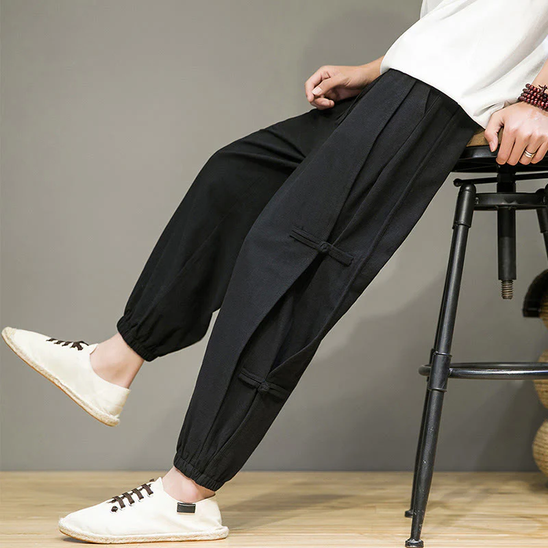 Pantaloni harem da uomo in cotone e lino con tasche, modello Buddha Stones, vintage, con coulisse e bottoni cinesi a forma di rana. - Image 9