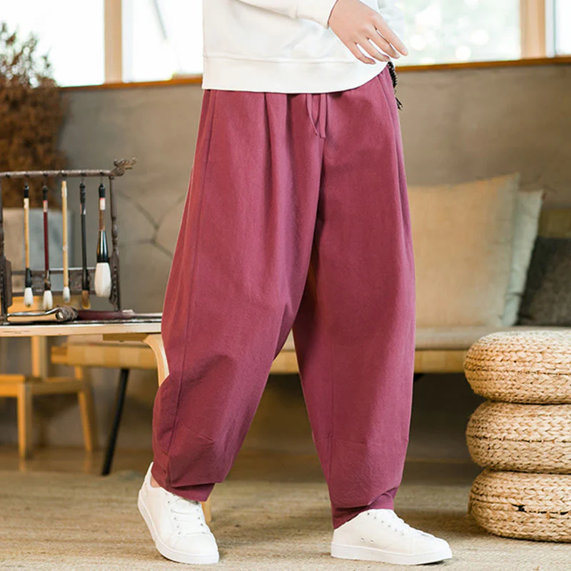 Pantaloni harem da uomo in cotone e lino tinta unita con coulisse e tasche, motivo Buddha Stones - Image 10