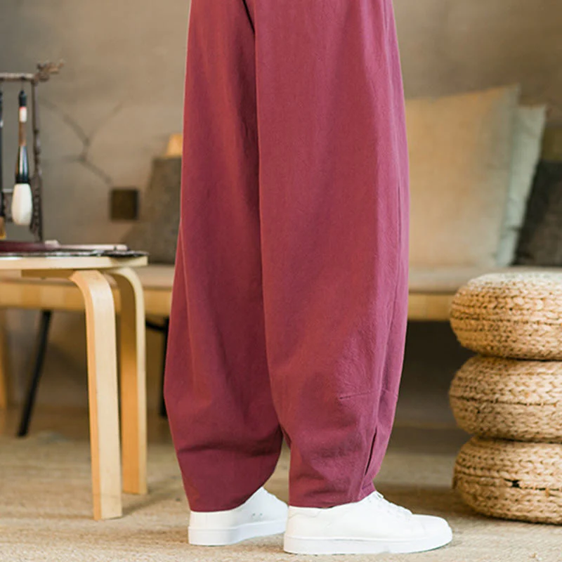 Pantaloni harem da uomo in cotone e lino tinta unita con coulisse e tasche, motivo Buddha Stones - Image 11
