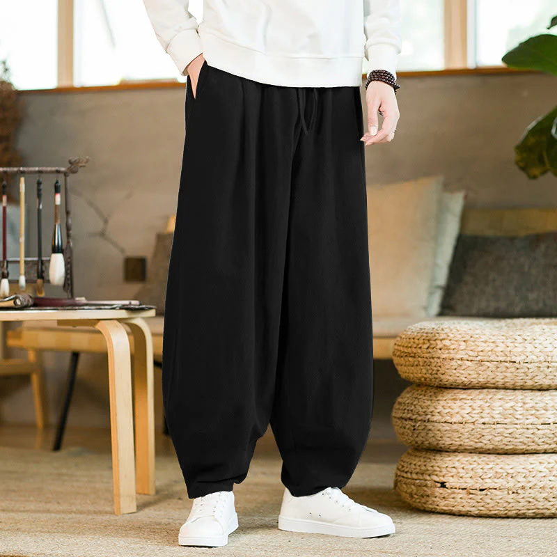 Pantaloni harem da uomo in cotone e lino tinta unita con coulisse e tasche, motivo Buddha Stones - Image 12