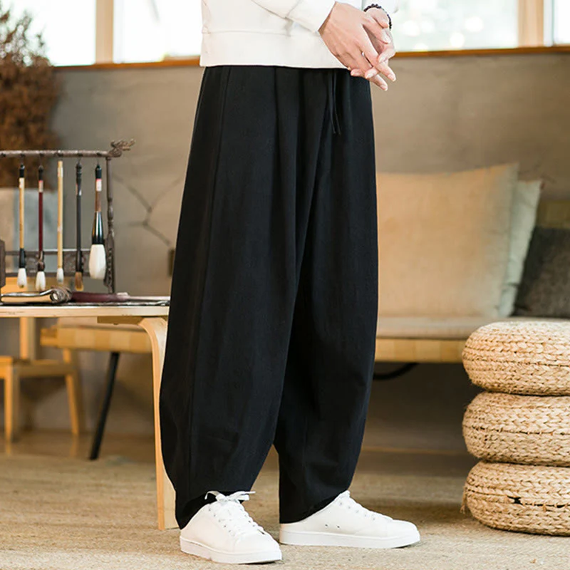 Pantaloni harem da uomo in cotone e lino tinta unita con coulisse e tasche, motivo Buddha Stones - Image 13