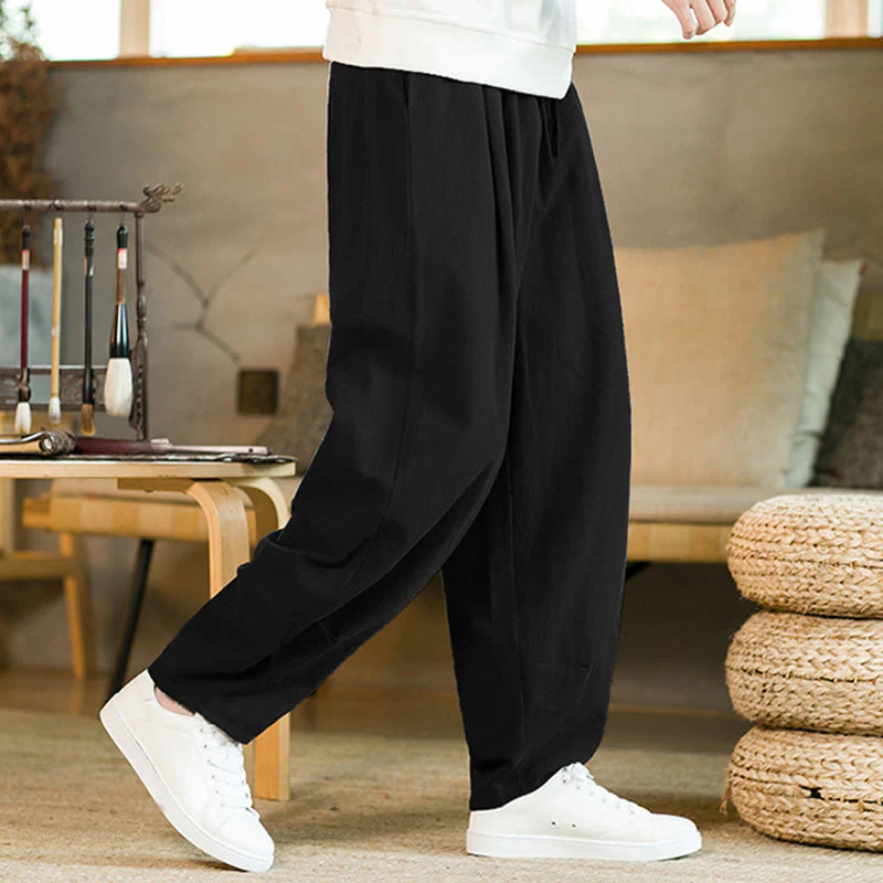Pantaloni harem da uomo in cotone e lino tinta unita con coulisse e tasche, motivo Buddha Stones - Image 14
