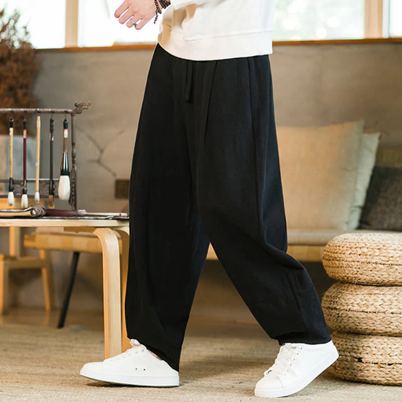 Pantaloni harem da uomo in cotone e lino tinta unita con coulisse e tasche, motivo Buddha Stones - Image 16