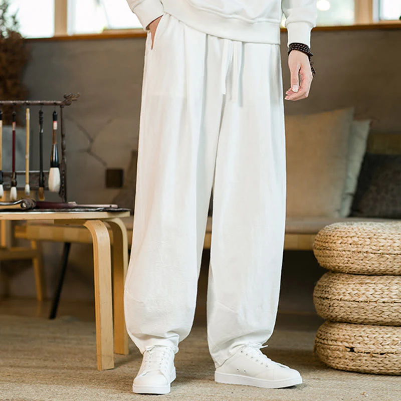 Pantaloni harem da uomo in cotone e lino tinta unita con coulisse e tasche, motivo Buddha Stones - Image 18
