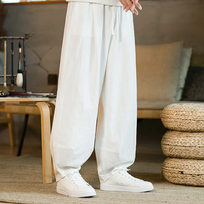 Pantaloni harem da uomo in cotone e lino tinta unita con coulisse e tasche, motivo Buddha Stones - Image 19