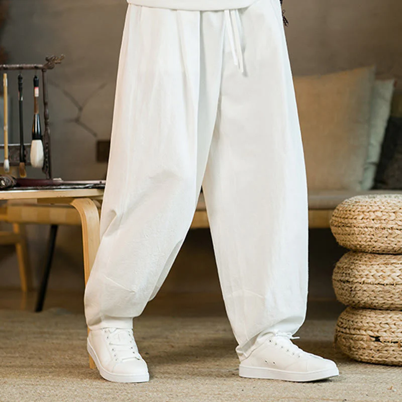 Pantaloni harem da uomo in cotone e lino tinta unita con coulisse e tasche, motivo Buddha Stones - Image 20