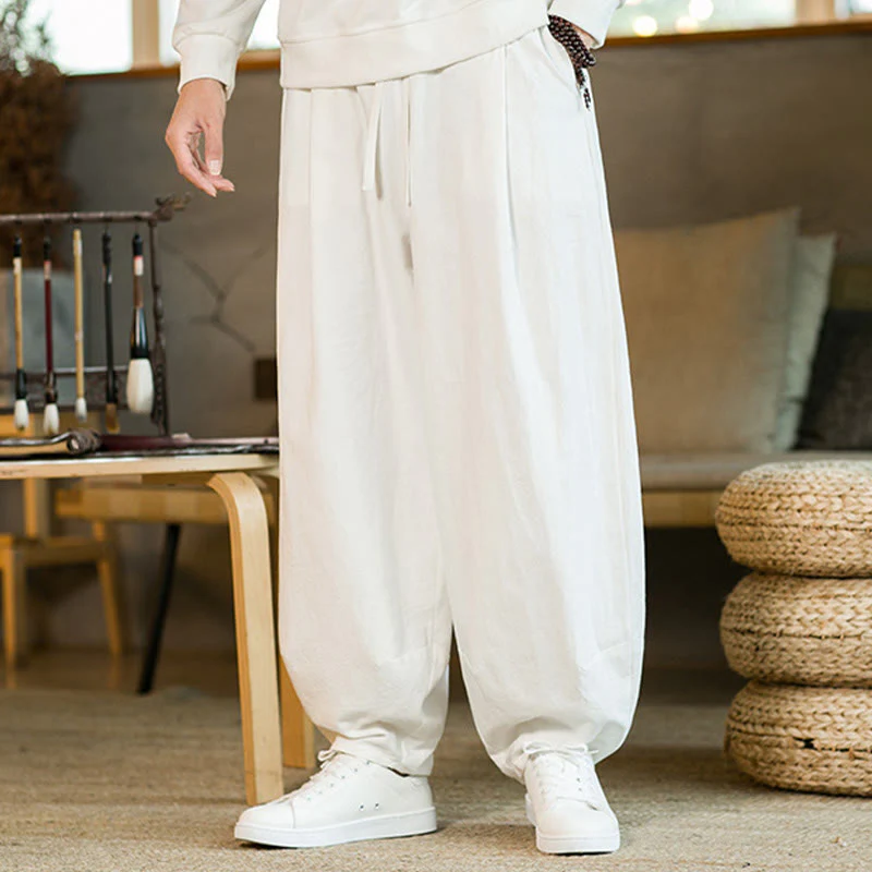 Pantaloni harem da uomo in cotone e lino tinta unita con coulisse e tasche, motivo Buddha Stones - Image 21