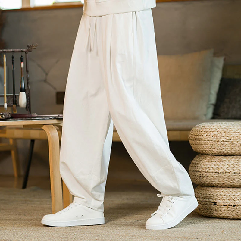 Pantaloni harem da uomo in cotone e lino tinta unita con coulisse e tasche, motivo Buddha Stones - Image 22