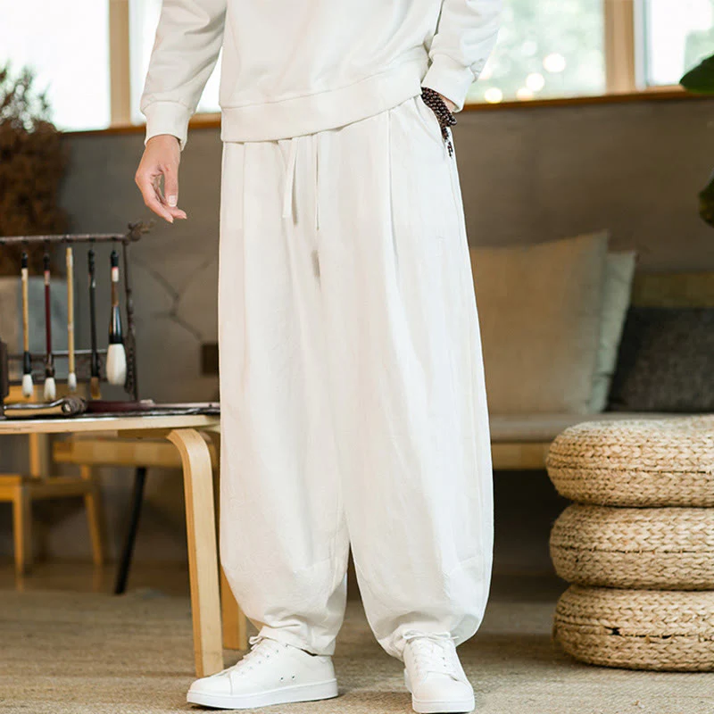 Pantaloni harem da uomo in cotone e lino tinta unita con coulisse e tasche, motivo Buddha Stones - Image 23
