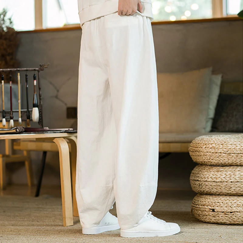 Pantaloni harem da uomo in cotone e lino tinta unita con coulisse e tasche, motivo Buddha Stones - Image 24