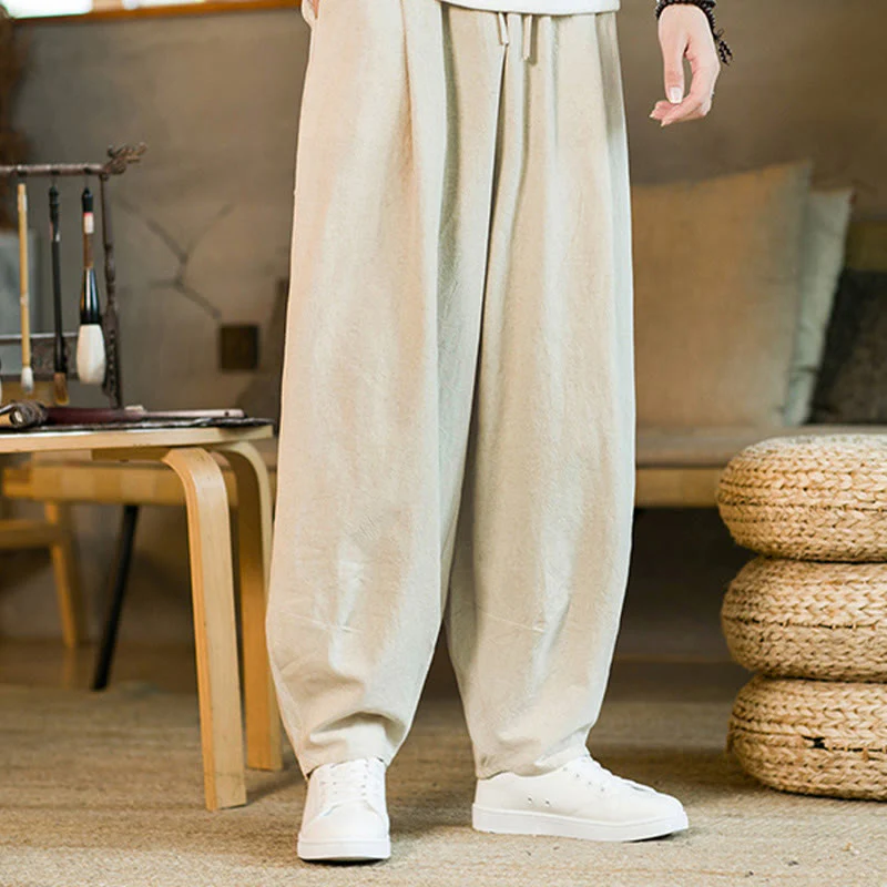 Pantaloni harem da uomo in cotone e lino tinta unita con coulisse e tasche, motivo Buddha Stones - Image 25