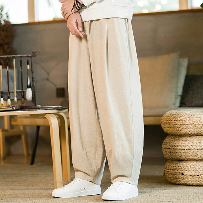 Pantaloni harem da uomo in cotone e lino tinta unita con coulisse e tasche, motivo Buddha Stones - Image 27