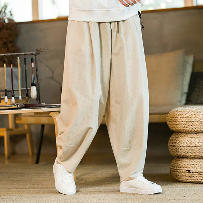 Pantaloni harem da uomo in cotone e lino tinta unita con coulisse e tasche, motivo Buddha Stones - Image 28