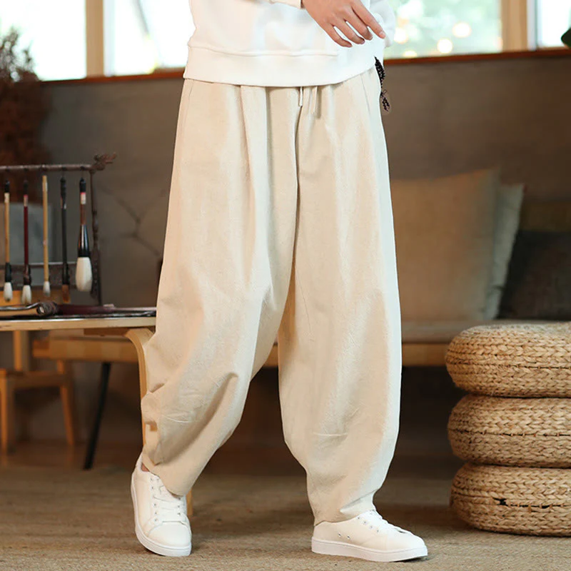 Pantaloni harem da uomo in cotone e lino tinta unita con coulisse e tasche, motivo Buddha Stones - Image 29