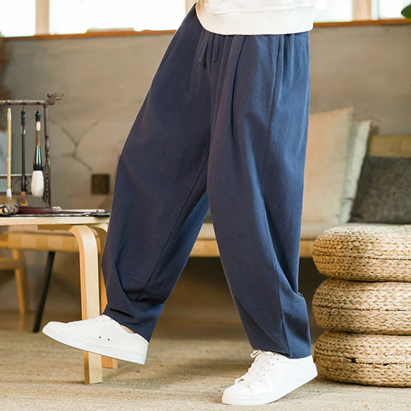 Pantaloni harem da uomo in cotone e lino tinta unita con coulisse e tasche, motivo Buddha Stones - Image 3