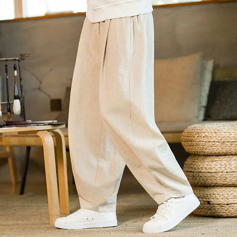 Pantaloni harem da uomo in cotone e lino tinta unita con coulisse e tasche, motivo Buddha Stones - Image 31