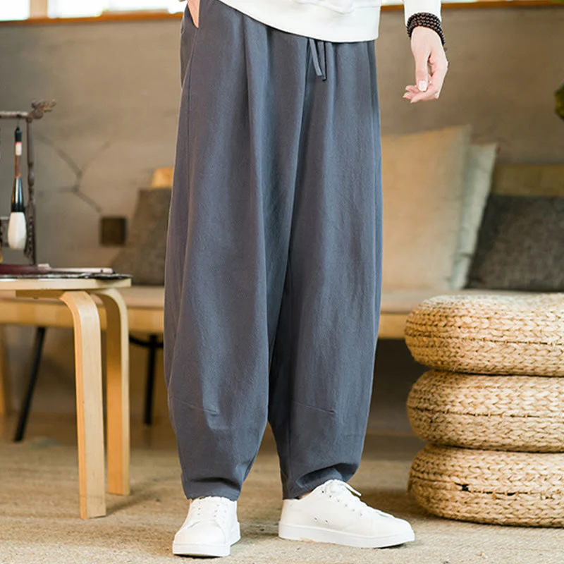 Pantaloni harem da uomo in cotone e lino tinta unita con coulisse e tasche, motivo Buddha Stones - Image 32