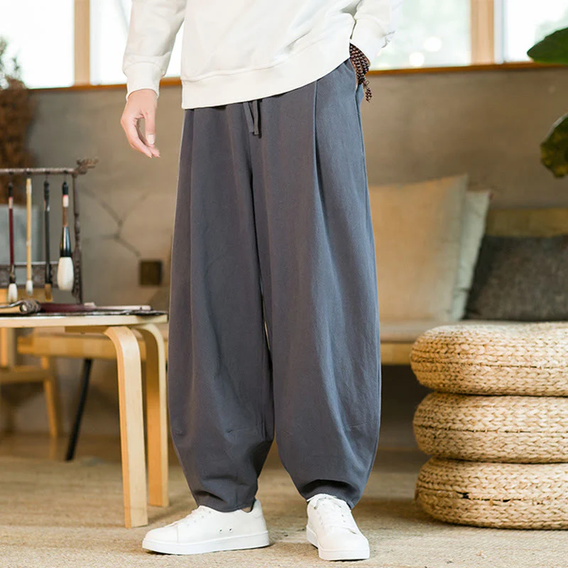 Pantaloni harem da uomo in cotone e lino tinta unita con coulisse e tasche, motivo Buddha Stones - Image 34