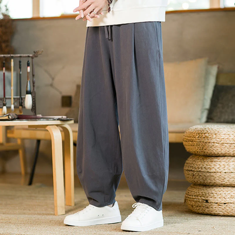Pantaloni harem da uomo in cotone e lino tinta unita con coulisse e tasche, motivo Buddha Stones - Image 35