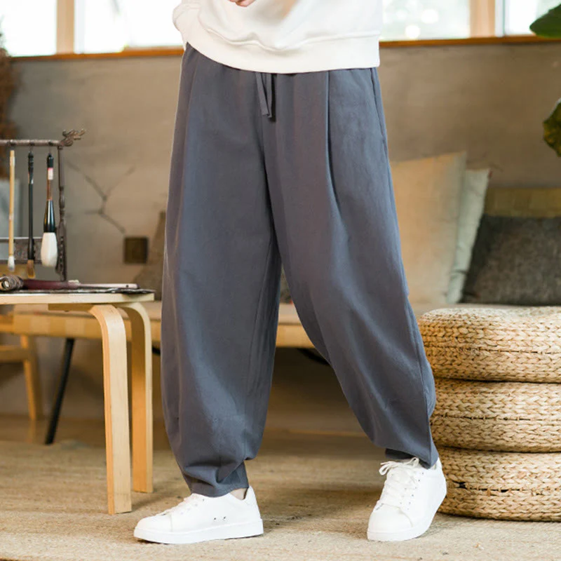 Pantaloni harem da uomo in cotone e lino tinta unita con coulisse e tasche, motivo Buddha Stones - Image 36