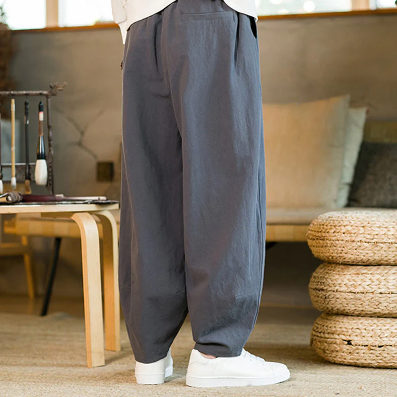 Pantaloni harem da uomo in cotone e lino tinta unita con coulisse e tasche, motivo Buddha Stones - Image 37