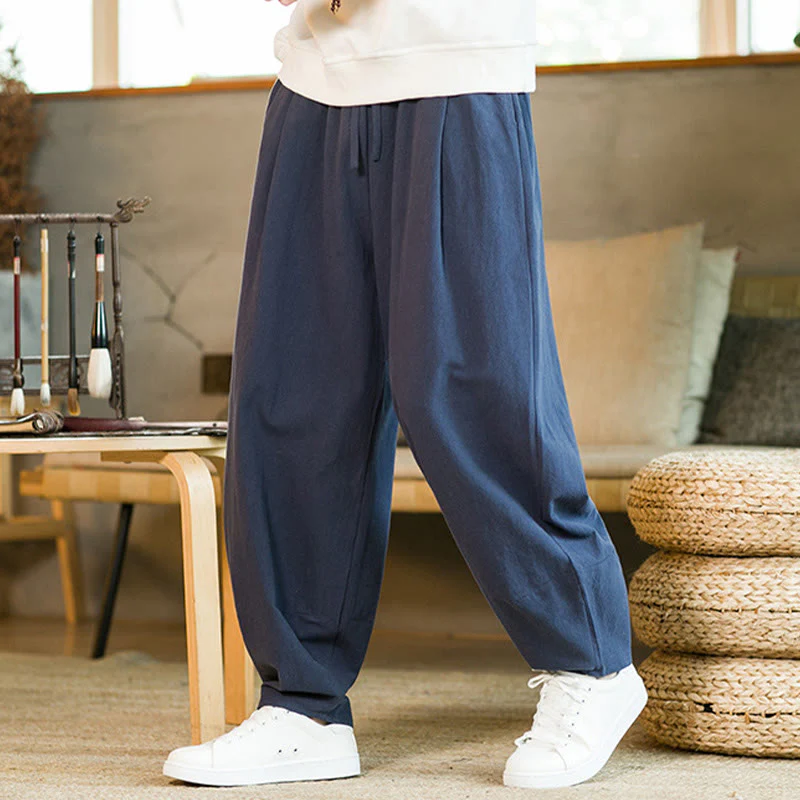 Pantaloni harem da uomo in cotone e lino tinta unita con coulisse e tasche, motivo Buddha Stones - Image 4